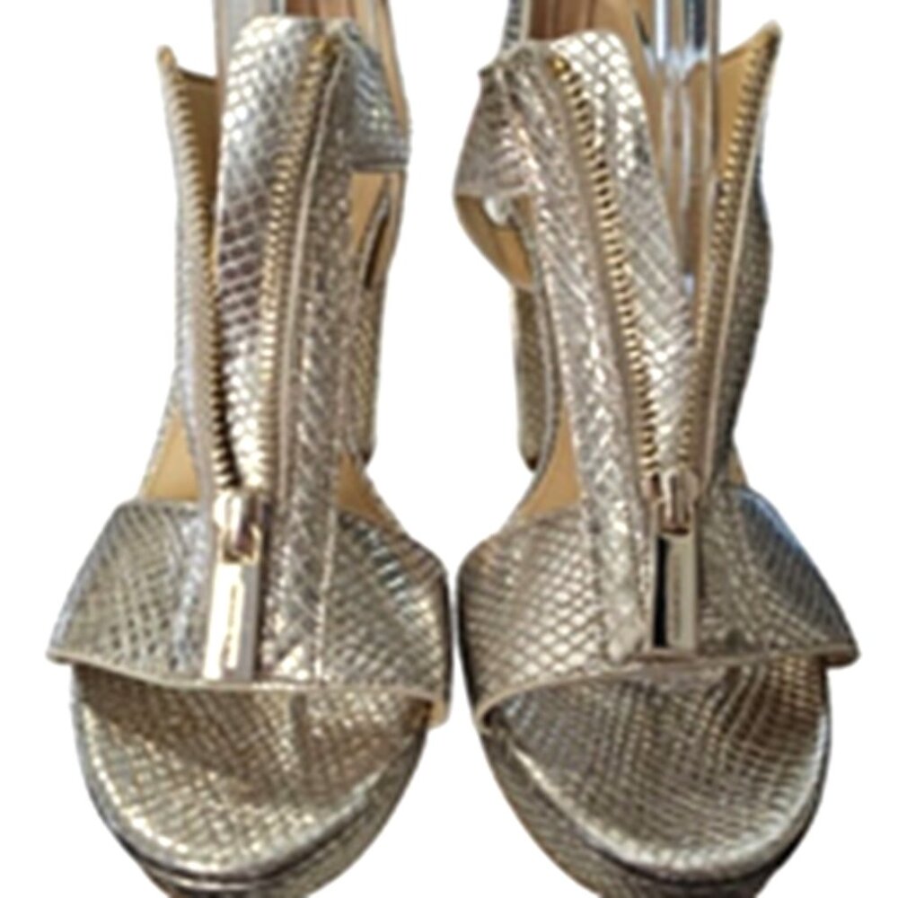 Michael Kors Women 8.5 Berkley Gold Leather T-Strap Zipper Platform Sandal Heels - Picture 6 of 11